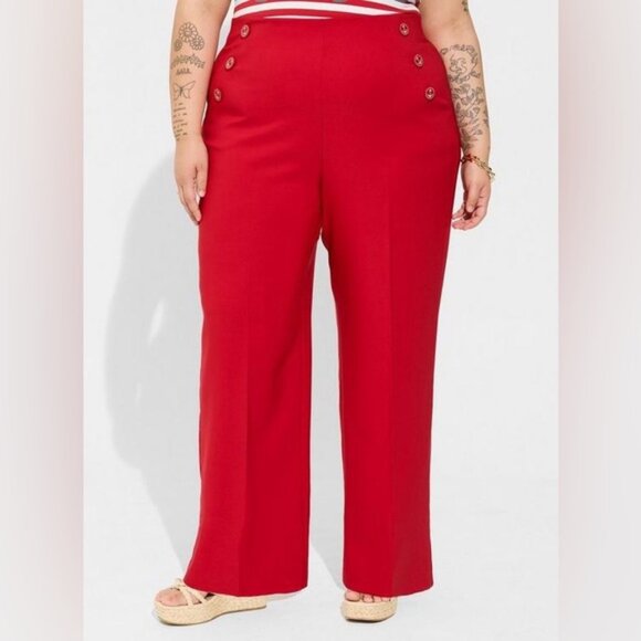 Red Pull-On Wide Leg Studio Refined Crepe High-Rise Nautical Pant - Picture 1 of 3